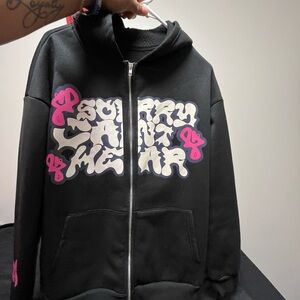 Black Zip-Up Hoodie with Graphic Print
